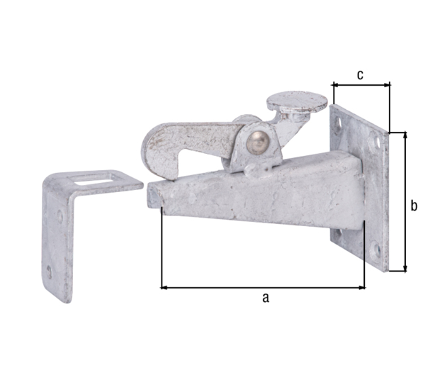 Gate stop for fixing on the wall, with countersunk screw holes, Material: raw steel, Surface: hot-dip galvanised, for screwing on, Depth: 100 mm, Height: 65 mm, Width: 50 mm, No. of holes: 4 / 2, Hole: Ø6 / Ø5.5 mm