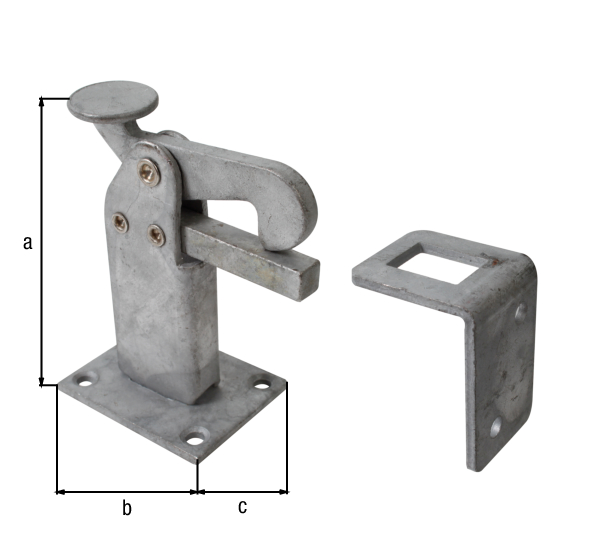 Gate stop for fixing on the ground, with countersunk screw holes, Material: raw steel, Surface: hot-dip galvanised, for screwing on, Height: 95 mm, Plate length: 65 mm, Plate width: 50 mm, No. of holes: 4 / 2, Hole: Ø6 / Ø5.5 mm