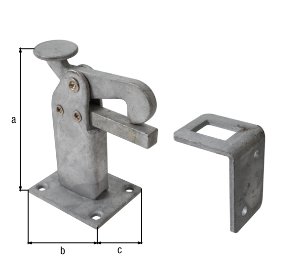 Arrêt de portail pour fixation au sol, avec trous de vis fraisés, Matériau: Acier brut, Finition: galvanisée à chaud, à visser, Hauteur: 95 mm, Longueur de platine: 65 mm, Largeur de platine: 50 mm, Nombre de trous: 4 / 2, Trou: Ø6 / Ø5,5 mm