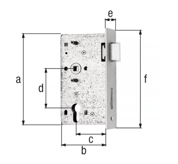 Ersatzschloss, mit versenkten Schraublöchern, Dornmaß 65 mm, Material: Stahl roh, Oberfläche: verzinkt, Höhe: 164 mm, Tiefe: 98 mm, Dornmaß: 65 mm, Entfernung: 72 mm, Stulpbreite: 43 mm, Stulphöhe: 180,2 mm, für Schlosskasten: 50 mm