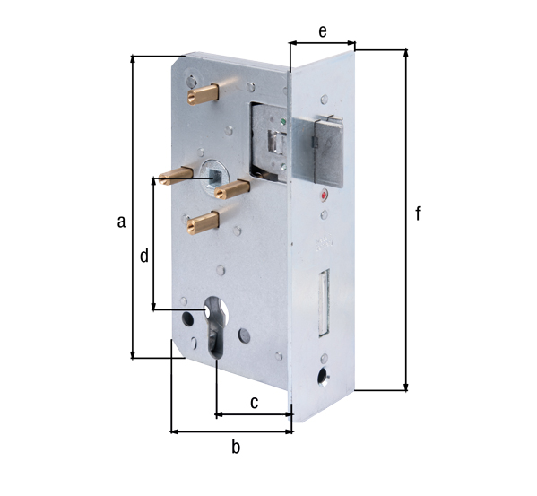 Replacement lock, with countersunk screw holes, backset 65 mm, Material: raw steel, Surface: galvanised, Height: 164 mm, Depth: 98 mm, Size back set: 65 mm, Distance: 72 mm, Strike plate width: 53 mm, Strike plate height: 180.2 mm, For lock casing: 60 mm