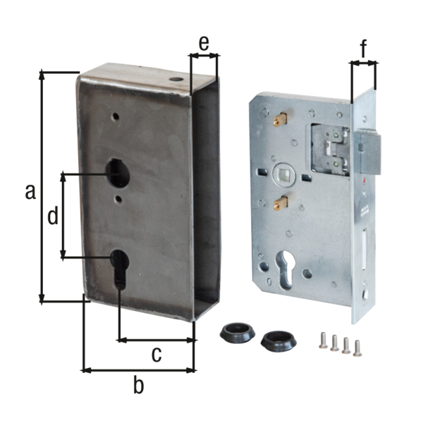 Lock case with galvanised lock, with countersunk screw holes, backset 65 mm, Material: case: raw steel, lock: raw steel, Surface: lock: galvanised, Height: 190 mm, Width: 100 mm, Size back set: 65 mm, Distance: 72 mm, Width: 50 mm, Strike plate width: 43 mm, Strike plate height: 180.2 mm, Socket: 8 x 8 mm