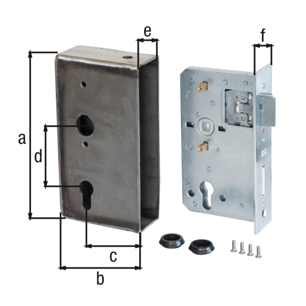 Lock case with galvanised lock, with countersunk screw holes, backset 65 mm, Material: case: raw steel, lock: raw steel, Surface: lock: galvanised, Height: 190 mm, Width: 100 mm, Size back set: 65 mm, Distance: 72 mm, Wide strike plate holder: 50 mm, Strike plate width: 43 mm, Strike plate height: 180.2 mm, Socket: 8 x 8 mm