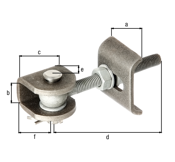 Gate hinge for 180° opening, Material: weld-on parts: raw steel, bolt and splint: stainless steel, Surface: screws and nuts: hot-dip galvanised, Length of weld-on plate: 50 mm, Clear width of U-part: 20 mm, Width of U-part: 45 mm, Length of eye bolt: 120 mm, Distance centre pin - end of U-part: 25 mm, Height of U-part: 45 mm, Thread: M12