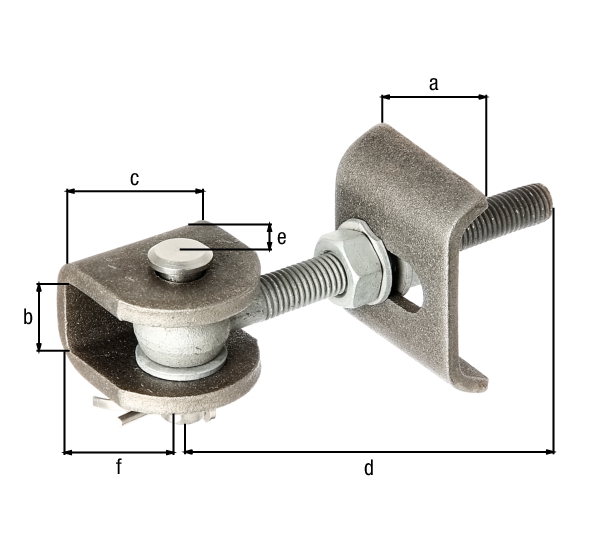 Cerniera per cancelli per apertura a 180°, Materiale: pezzi a saldare: acciaio grezzo, perno e copiglia: acciaio inox, superficie: viti e dadi: zincati a caldo, Lunghezza linguetta a saldare: 50 mm, larghezza netta parte a U: 20 mm, Larghezza parte a U: 45 mm, Lunghezza vite a occhiello: 120 mm, Distanza perno centrale - Estremità della parte a U: 25 mm, Altezza parte a U: 45 mm, Filettatura: M12