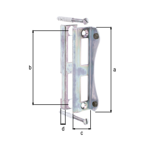 Gâche pour boîtiers de serrure, avec trous de vis fraisés, Matériau: Acier brut, Finition: galvanisée, Hauteur: 188 mm, Écartement du centre au centre du trou: 162 mm, Profondeur: 30 mm, Hauteur de la partie inférieure: 20 mm