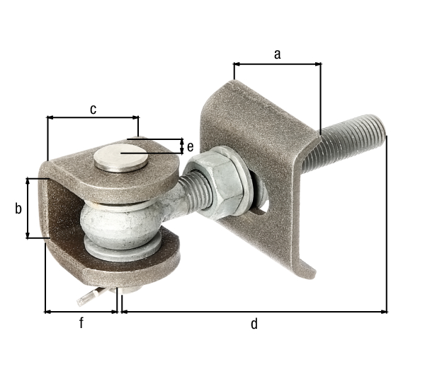 Gate hinge for 180° opening, Material: weld-on parts: raw steel, bolt and splint: stainless steel, Surface: screws and nuts: hot-dip galvanised, Length of weld-on plate: 60 mm, Clear width of U-part: 27 mm, Width of U-part: 45 mm, Length of eye bolt: 130 mm, Distance centre pin - end of U-part: 28 mm, Height of U-part: 50 mm, Thread: M16