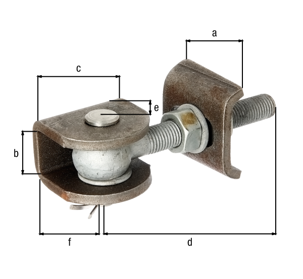 Gate hinge for 180° opening, Material: weld-on parts: raw steel, bolt and splint: stainless steel, Surface: screws and nuts: hot-dip galvanised, Length of weld-on plate: 70 mm, Clear width of U-part: 33 mm, Width of U-part: 70 mm, Length of eye bolt: 150 mm, Distance centre pin - end of U-part: 34 mm, Height of U-part: 65 mm, Thread: M20