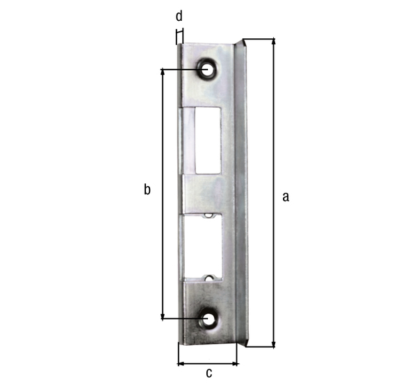 Anschlag für Schlosskästen, mit versenkten Schraublöchern, Material: Stahl roh, Oberfläche: galvanisch verzinkt, Dickschichtschutz, zum Anschrauben, Höhe: 235,5 mm, Abstand Mitte - Mitte Loch: 196 mm, Tiefe: 43 mm, Bauhöhe Unterteil: 20 mm, Loch: Ø9 mm