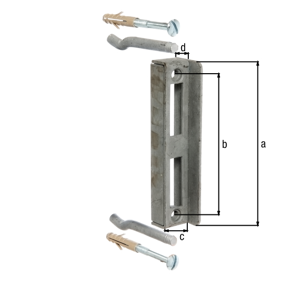 Stop for sash lock boxes, with countersunk screw holes, Material: raw steel, Surface: hot-dip galvanised, Height: 172 mm, Distance from middle to middle of hole: 146 mm, Depth: 30 mm, Construction height: 25 mm