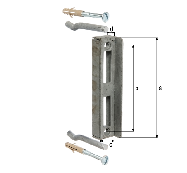 Gâche pour boîtiers de serrure, avec trous de vis fraisés, Matériau: Acier brut, Finition: galvanisée à chaud, Hauteur: 172 mm, Écartement du centre au centre du trou: 146 mm, Profondeur: 30 mm, Hauteur de construction: 25 mm