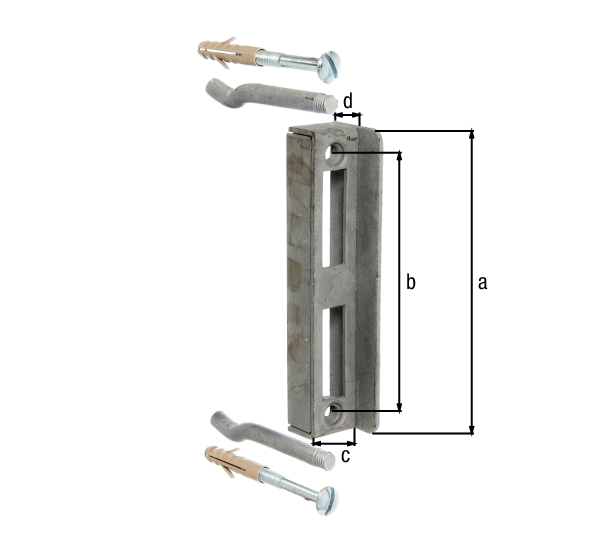 Stop for sash lock boxes, with countersunk screw holes, Material: raw steel, Surface: hot-dip galvanised, Height: 172 mm, Distance from middle to middle of hole: 146 mm, Depth: 34 mm, Construction height: 25 mm