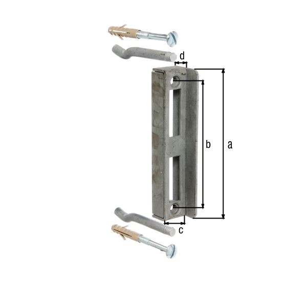 Gâche pour boîtiers de serrure, avec trous de vis fraisés, Matériau: Acier brut, Finition: galvanisée à chaud, Hauteur: 172 mm, Écartement du centre au centre du trou: 146 mm, Profondeur: 40 mm, Hauteur de construction: 25 mm