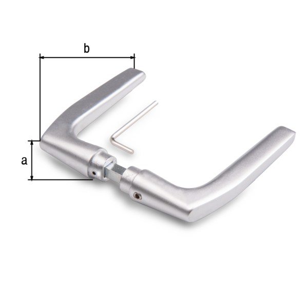 Klamka do drzwi, materiał: aluminium, powierzchnia: anodowana srebrna, Zawartość J.sp.: 2 szt., Odstęp: 56 mm, Szerokość: 115 mm, do zamków skrzynkowych: 30 - 40 mm