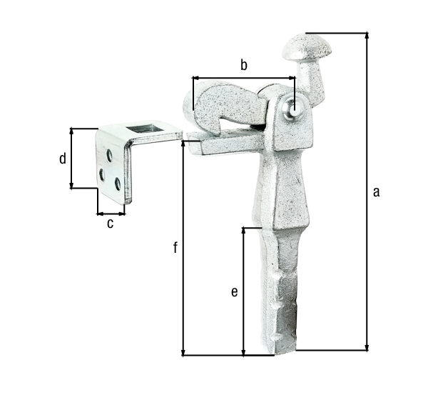 Gate stop for fixing in the ground, with counterplate for screwing on, Material: grey cast iron, Surface: blue galvanised, for setting in concrete, Height: 168 mm, Depth: 52 mm, Width of counterplate: 35 mm, Height of counter-plate: 34 mm, Length of concrete anchor: 71 mm, Distance lower edge of concrete anchor - support of gate stopper: 124 mm, No. of holes: 3, Hole: Ø6.5 mm