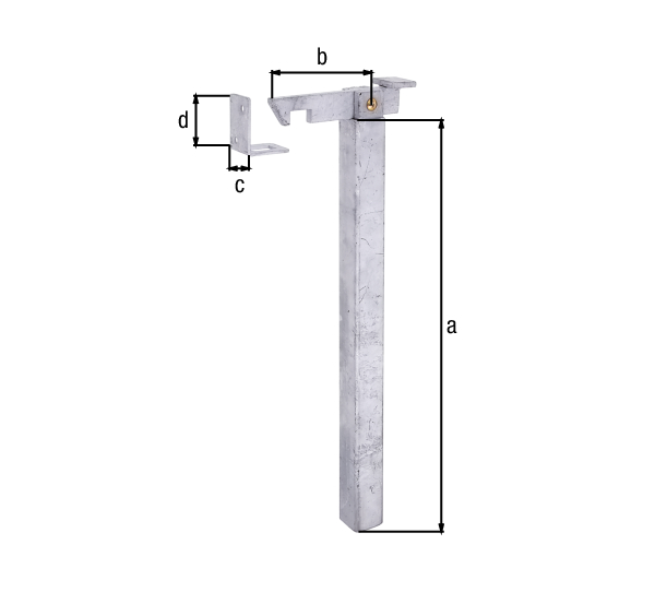 Gate stop for fixing in the ground, with counterplate for screwing on, Material: raw steel, Surface: hot-dip galvanised, for setting in concrete, Height: 300 mm, Depth: 90 mm, Width of counterplate: 30 mm, Height of counter-plate: 50 mm, can be adjusted by: 120 mm, No. of holes: 3, Hole: Ø5 mm