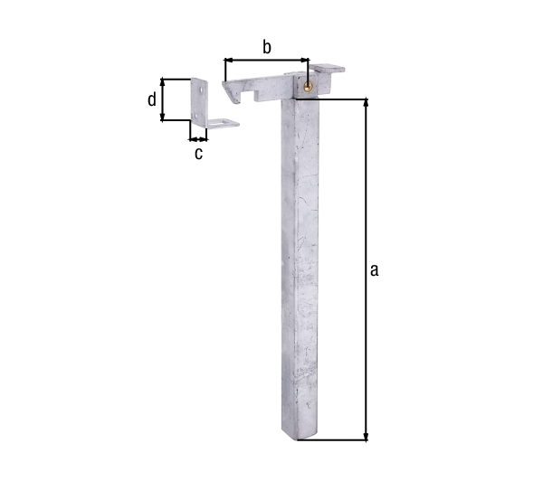 Torfeststeller zur Befestigung im Boden, mit Gegenplatte zum Anschrauben, Material: Stahl roh, Oberfläche: feuerverzinkt, zum Einbetonieren, Höhe: 300 mm, Tiefe: 90 mm, Breite Gegenplatte: 30 mm, Höhe Gegenplatte: 50 mm, verstellbar um: 120 mm, Anzahl Löcher: 3, Loch: Ø5 mm