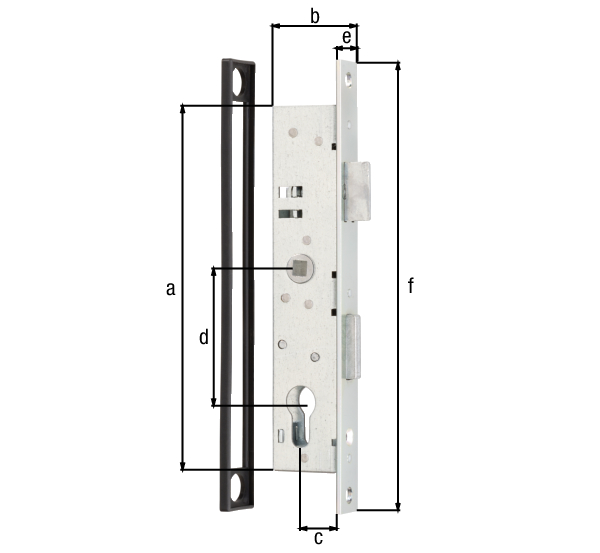 Tube frame lock, with countersunk screw holes, backset 25 mm, Material: raw steel, Surface: galvanised, Height: 197 mm, Width: 38 mm, Size back set: 25 mm, Distance: 72 mm, Strike plate width: 24 mm, Strike plate height: 243 mm, Socket: 8 x 8 mm