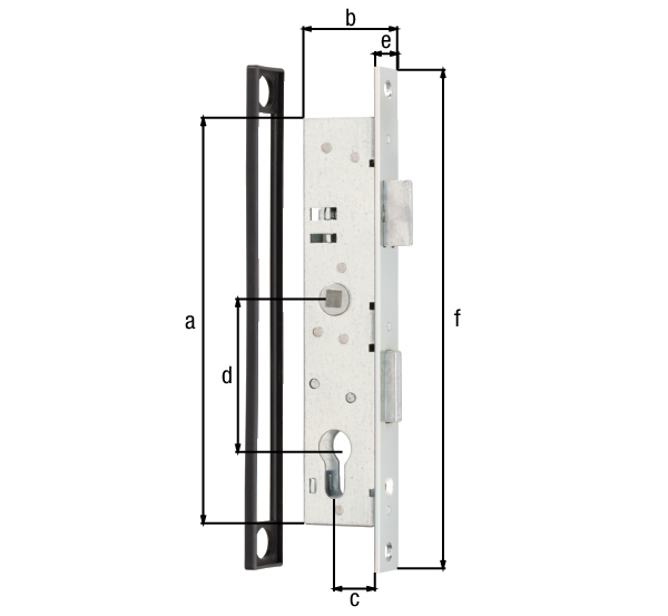 Tube frame lock, with countersunk screw holes, backset 25 mm, Material: raw steel, Surface: galvanised, Height: 197 mm, Width: 38 mm, Size back set: 25 mm, Distance: 72 mm, Strike plate width: 24 mm, Strike plate height: 243 mm