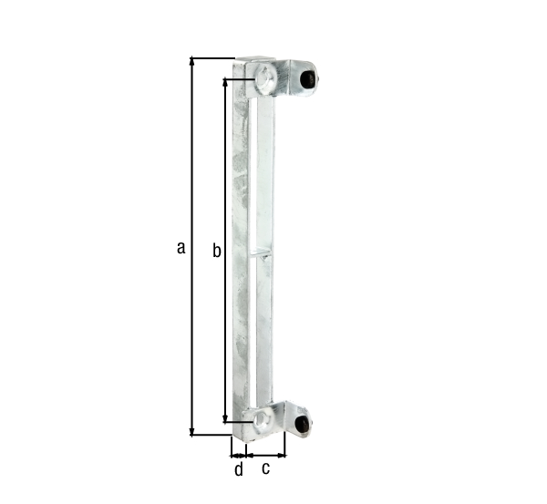 Anschlag für Tore mit Rahmen, mit versenkten Schraublöchern, Material: Stahl roh, Oberfläche: feuerverzinkt, Höhe: 295 mm, Abstand Mitte - Mitte Loch: 266 mm, Tiefe: 24 mm, Bauhöhe: 15 mm