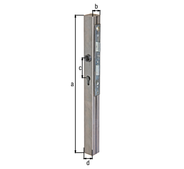 Tube carré avec serrure à larder, axe de 25 mm, Matériau: Tube carré : Acier brut, Finition: serrure : galvanisée, à souder, Hauteur: 500 mm, Largeur: 40 mm, Entre axe: 72 mm, Profondeur: 40 mm, Largeur de la têtière: 24 mm, Hauteur de la têtière: 243 mm, Barillet: 8 x 8 mm