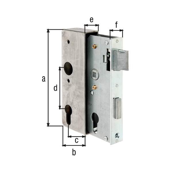 Lock case with galvanised lock, with countersunk screw holes, backset 40 mm, Material: case: raw steel, lock: raw steel, Surface: lock: galvanised, Height: 170 mm, Width: 60 mm, Size back set: 40 mm, Distance: 72 mm, Wide strike plate holder: 30 mm, Strike plate width: 24 mm, Strike plate height: 166 mm, Socket: 8 x 8 mm