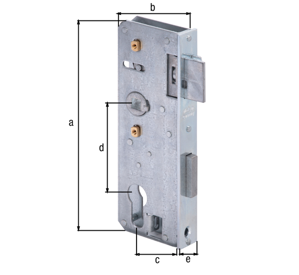 Replacement lock, with countersunk screw holes, backset 40 mm, Material: raw steel, Surface: galvanised, Height: 166 mm, Depth: 54 mm, Size back set: 40 mm, Distance: 72 mm, Strike plate width: 24 mm, Strike plate height: 166 mm, For lock casing: 30 mm