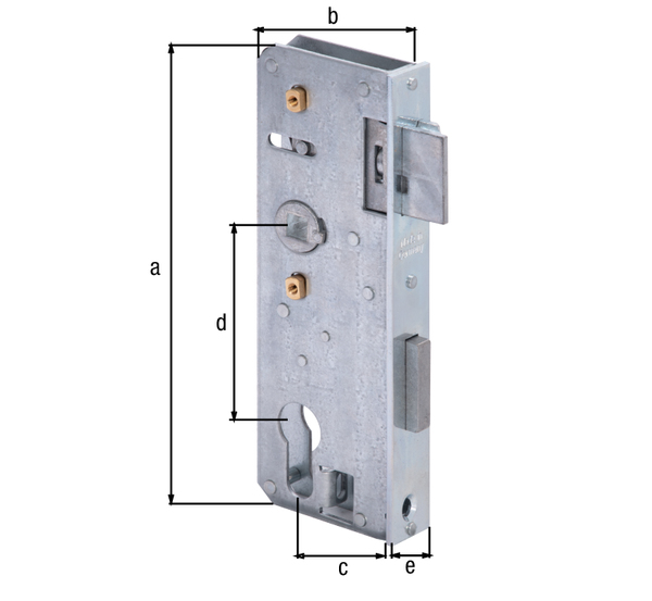 Cerradura de repuesto, con agujeros para atornillar avellanados, eje 40 mm, Material: Acero crudo, Superficie: galvanizado, Altura: 166 mm, Profundidad: 54 mm, Entre eje: 40 mm, Entre eje: 72 mm, 24 mm, 166 mm, Para caja de cerradura: 30 mm