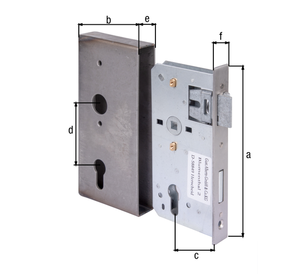 Caja de cerradura con cerradura galvanizada, con agujeros para atornillar avellanados, eje 55 mm, Material: Caja: acero crudo, cerradura: acero crudo, Superficie: Cerradura: galvanizada, Altura: 185 mm, Anchura: 90 mm, Entre eje: 55 mm, Entre eje: 72 mm, 30 mm, 24 mm, Altura de la corona: 180 mm, Nuez: 8 x 8 mm