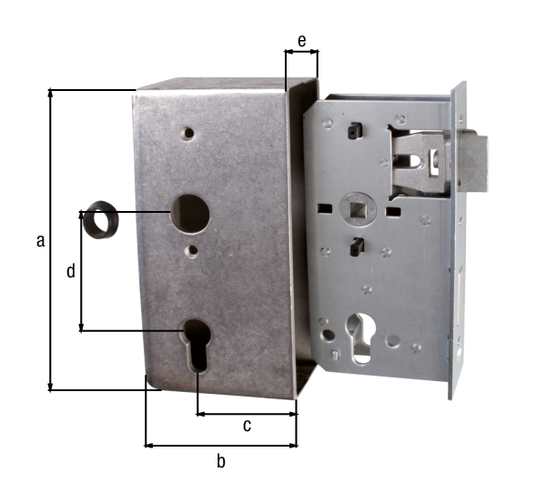 Lock case with galvanised lock, with countersunk screw holes, backset 55 mm, Material: case: raw steel, lock: raw steel, Surface: lock: galvanised, Height: 185 mm, Width: 90 mm, Size back set: 55 mm, Distance: 72 mm, Wide strike plate holder: 30 mm, Strike plate width: 24 mm, Strike plate height: 180 mm, Socket: 8.8 x 8.8 mm