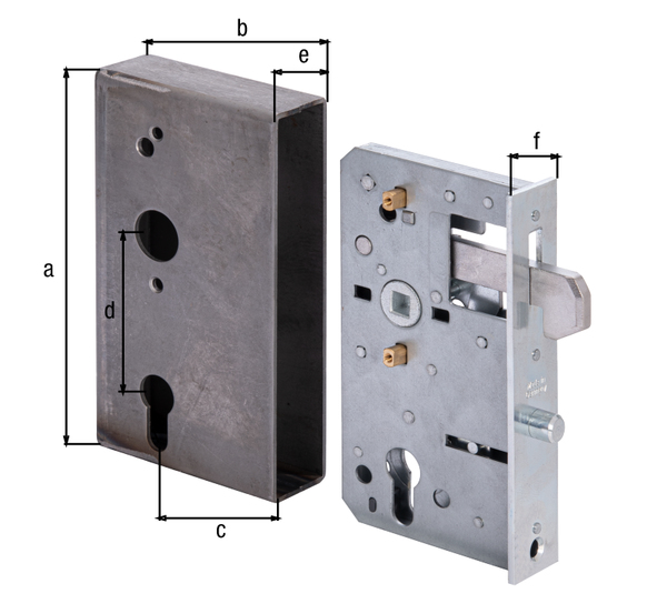 Lock case with galvanised lock for sliding gates, with hook latch, backset 60 mm, with countersunk screw holes, Material: case: raw steel, lock: raw steel, Surface: lock: galvanised, Height: 173 mm, Width: 95 mm, Size back set: 60 mm, Distance: 72 mm, Width: 40 mm, Strike plate width: 33 mm, Strike plate height: 167 mm, Socket: 8 x 8 mm