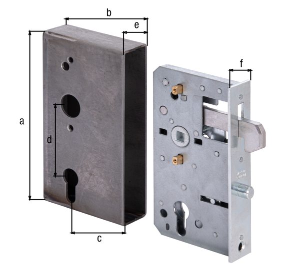 Schlosskasten mit verzinktem Schloss für Schiebetore, mit Hakenfalle, Dornmaß 60 mm, mit versenkten Schraublöchern, Material: Kasten: Stahl roh, Schloss: Stahl roh, Oberfläche: Schloss: verzinkt, Höhe: 173 mm, Breite: 95 mm, Dornmaß: 60 mm, Entfernung: 72 mm, Breite Stulpaufnahme: 40 mm, Stulpbreite: 33 mm, Stulphöhe: 167 mm, Nuss: 8 x 8 mm