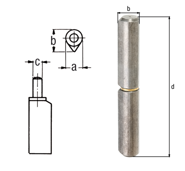 Paumelle à souder en deux parties, Matériau: Acier brut, à souder, Diamètre: 10 mm, Ø extérieur, pointe comprise: 12 mm, tige-Ø: 6 mm, Hauteur: 60 mm, CutCase