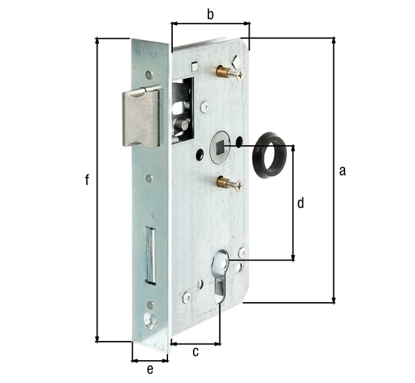 Cerradura de repuesto, eje 55 mm, Material: Acero crudo, Superficie: galvanizado, Altura: 167 mm, Profundidad: 85 mm, Entre eje: 55 mm, Entre eje: 72 mm, 24 mm, 180 mm