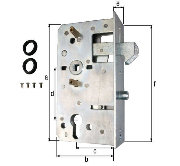 Ersatzschloss, mit Hakenfalle, Dornmaß 60 mm, mit versenkten Schraublöchern, Material: Stahl roh, Oberfläche: verzinkt, Höhe: 167 mm, Tiefe: 90 mm, Dornmaß: 60 mm, Entfernung: 72 mm, Stulpbreite: 33 mm, Stulphöhe: 167 mm, für Schlosskasten: 60 mm, Nuss: 8 x 8 mm