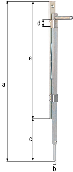 Drop bolt for wooden or metal gates, with countersunk screw holes, Material: raw steel, Surface: blue galvanised, for screwing on, Height: 500 mm, Material: 14 x 14 mm, Extension length: 150 mm, Plate width: 25 mm, Plate height: 390 mm, No. of holes: 4, Hole: Ø6.5 mm / M6
