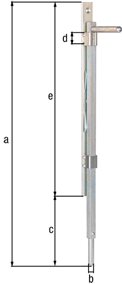 Verrou baïonnette pour portails en bois et en métal, avec trous de vis fraisés, Matériau: Acier brut, Finition: zinguée, à visser, Hauteur: 500 mm, Matériau: 14 x 14 mm, Longueur d'extension: 150 mm, Largeur de platine: 25 mm, Hauteur du panneau: 390 mm, Nombre de trous: 4, Trou: Ø6,5 mm / M6