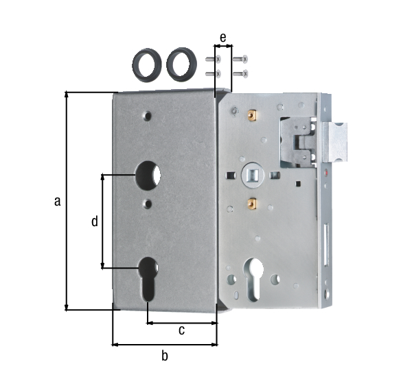 Lock case with galvanised lock, with countersunk screw holes, backset 60 mm, Material: case: raw steel, lock: raw steel, Surface: lock: galvanised, Height: 172 mm, Width: 94 mm, Size back set: 60 mm, Distance: 72 mm, Wide strike plate holder: 30 mm, Strike plate width: 24 mm, Strike plate height: 167 mm, Socket: 8 x 8 mm