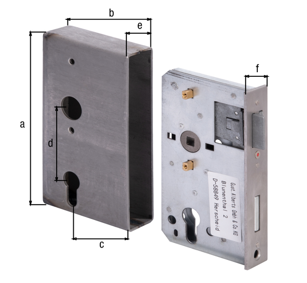 Schlosskasten mit verzinktem Schloss, mit versenkten Schraublöchern, Dornmaß 60 mm, Material: Kasten: Stahl roh, Schloss: Stahl roh, Oberfläche: Schloss: verzinkt, Höhe: 172 mm, Breite: 94 mm, Dornmaß: 60 mm, Entfernung: 72 mm, Breite Stulpaufnahme: 40 mm, Stulpbreite: 33 mm, Stulphöhe: 167 mm, Nuss: 8 x 8 mm