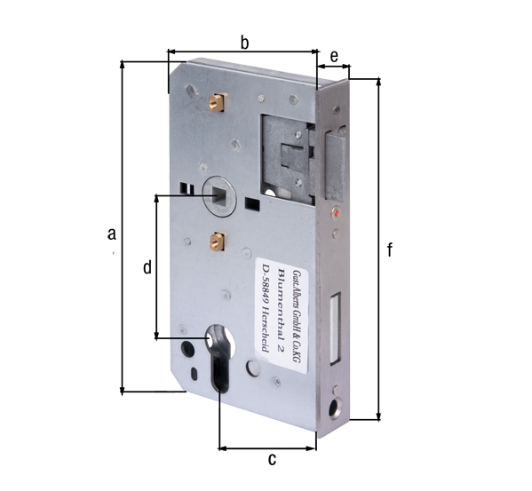 Cerradura de repuesto, con agujeros para atornillar avellanados, eje 60 mm, Material: Acero crudo, Superficie: galvanizado, Altura: 167 mm, Profundidad: 90 mm, Entre eje: 60 mm, Entre eje: 72 mm, 24 mm, 167 mm, Para caja de cerradura: 30 mm