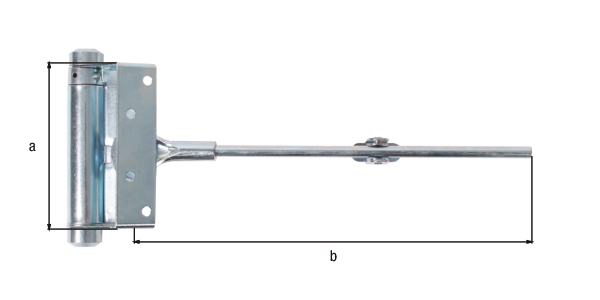 Goznes de puertas y de pórticos, Material: Acero crudo, Superficie: galvanizado, Contenido por U.P.: 1 Pieza, Altura: 100 mm, Longitud: 242 mm, Versión: de cierre automático, Número de agujeros: 4 / 2, Perforación: Ø5,5 / Ø5 mm, Embalado SB