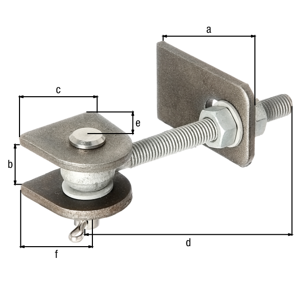 Gate hinge for 180° opening, short version, Material: weld-on parts: raw steel, bolt and splint: stainless steel, Surface: screws and nuts: hot-dip galvanised, Length of weld-on strip: 75 mm, Distance weld-on plates: 19 mm, Width of weld-on plate: 44 mm, Length of eye bolt: 120 mm, Distance centre pin - end of weld-on plate: 25 mm, Height of weld-on part: 45 mm, Thread: M12