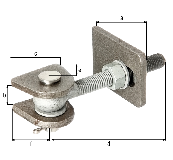 Gate hinge for 180° opening, short version, Material: weld-on parts: raw steel, bolt and splint: stainless steel, Surface: screws and nuts: hot-dip galvanised, Length of weld-on strip: 86 mm, Distance weld-on plates: 23 mm, Width of weld-on plate: 55 mm, Length of eye bolt: 130 mm, Distance centre pin - end of weld-on plate: 28 mm, Height of weld-on part: 50 mm, Thread: M16