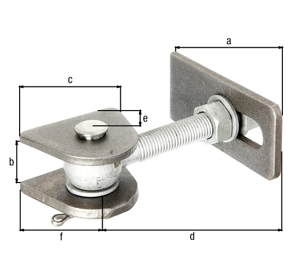 Gate hinge for 180° opening, short version, Material: weld-on parts: raw steel, bolt and splint: stainless steel, Surface: screws and nuts: hot-dip galvanised, Length of weld-on strip: 130 mm, Distance weld-on plates: 30 mm, Width of weld-on plate: 80 mm, Length of eye bolt: 150 mm, Distance centre pin - end of weld-on plate: 34 mm, Height of weld-on part: 65 mm, Thread: M20