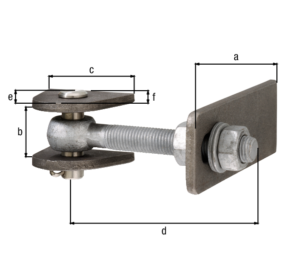 Gate hinge for 180° opening, short version, Material: weld-on parts: raw steel, bolt and splint: stainless steel, Surface: screws and nuts: hot-dip galvanised, Length of weld-on strip: 145 mm, Distance weld-on plates: 33 mm, Width of weld-on plate: 80 mm, Length of eye bolt: 150 mm, Distance centre pin - end of weld-on plate: 34 mm, Height of weld-on part: 65 mm, Thread: M24