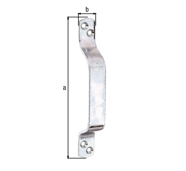 Gate handle, with countersunk screw holes, Material: raw steel, Surface: galvanised, thick-film passivated, Total length: 168 mm, Width: 20 mm, Material thickness: 3.50 mm, No. of holes: 4, Hole: Ø5 mm