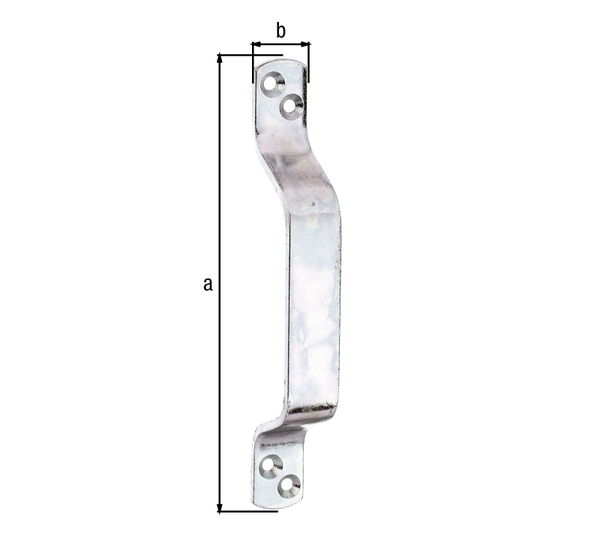 Poignée de porte, avec trous de vis fraisés, Matériau: Acier brut, Finition: galvanisée passivée, Longueur totale: 168 mm, Largeur: 20 mm, Épaisseur: 3,50 mm, Nombre de trous: 4, Trou: Ø5 mm