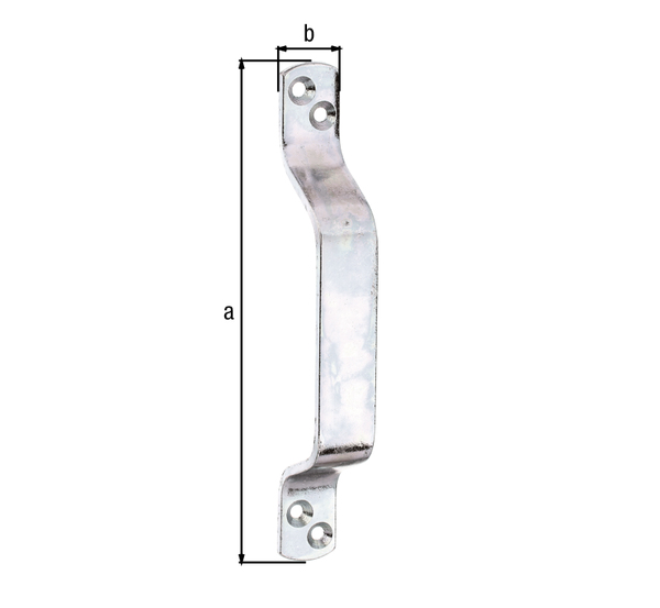 Gate handle, with countersunk screw holes, Material: raw steel, Surface: galvanised, thick-film passivated, Total length: 190 mm, Width: 25 mm, Material thickness: 5.00 mm, No. of holes: 4, Hole: Ø6 mm