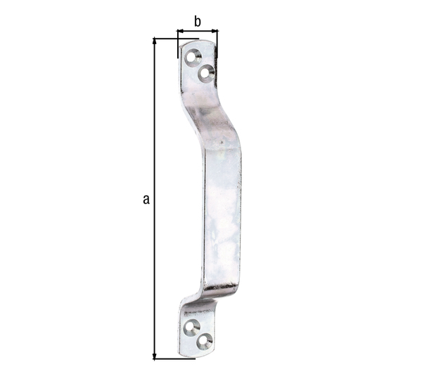 Poignée de porte, avec trous de vis fraisés, Matériau: Acier brut, Finition: galvanisée passivée, Longueur totale: 190 mm, Largeur: 25 mm, Épaisseur: 5,00 mm, Nombre de trous: 4, Trou: Ø6 mm