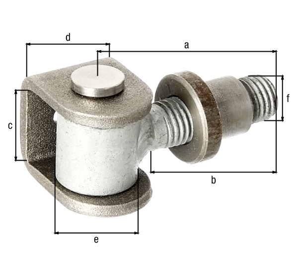 Gate hinge with U-bracket and welding nut for welding, Material: U-clip and welding nut: raw steel, connecting bolt and circlip: stainless steel, Length: 65 mm, Thread length: 42 mm, eye height: 37 mm, Clip width: 30 mm, Roller dia.: 25 mm, External dia. weld-in nut: 20 mm, can be adjusted by: 15 mm, Thread: M16